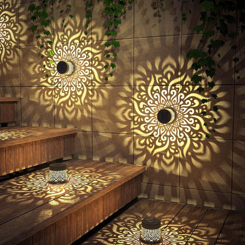 gardencave 4 حزمة أضواء سياج شمسية معدنية تعمل بالطاقة الشمسية أضواء خارجية للجدران والسلالم بتصميم ماندالا مقاومة للماء لأضواء سياج حديقة البوستات فناء الديكور (4 حزمة) - Image 3